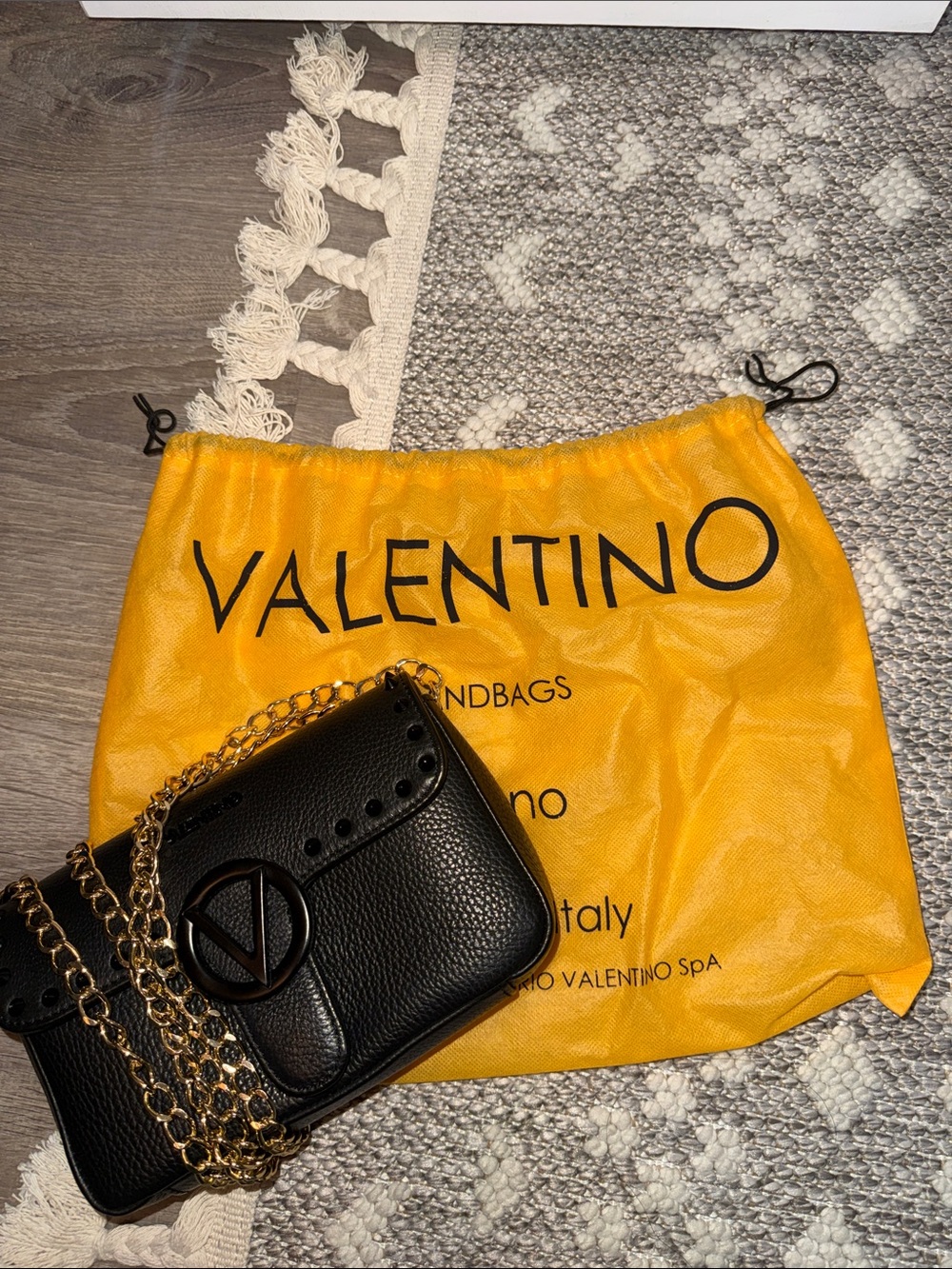 Valentino Black Pebble Leather Crossbody with Gold Chain